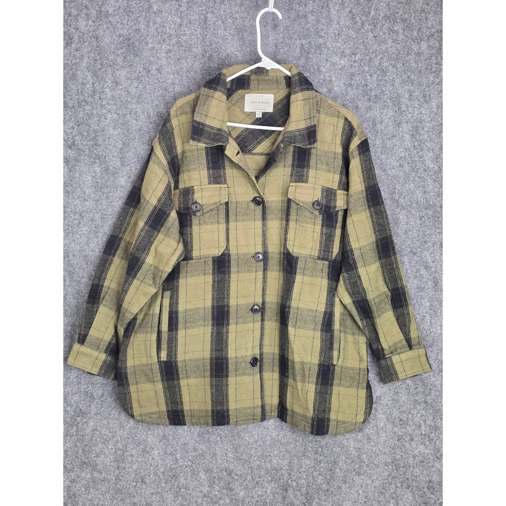 Lucky Brand Womens Large Olive Green Plaid Flannel Shacket Jacket 7WD3349